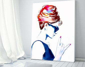 Audrey Rocks Art Print Original Painting Fashion Illustration Vintage 1960s Style Icon Hot Pink Hair Salon Decor, Hair Salon Art