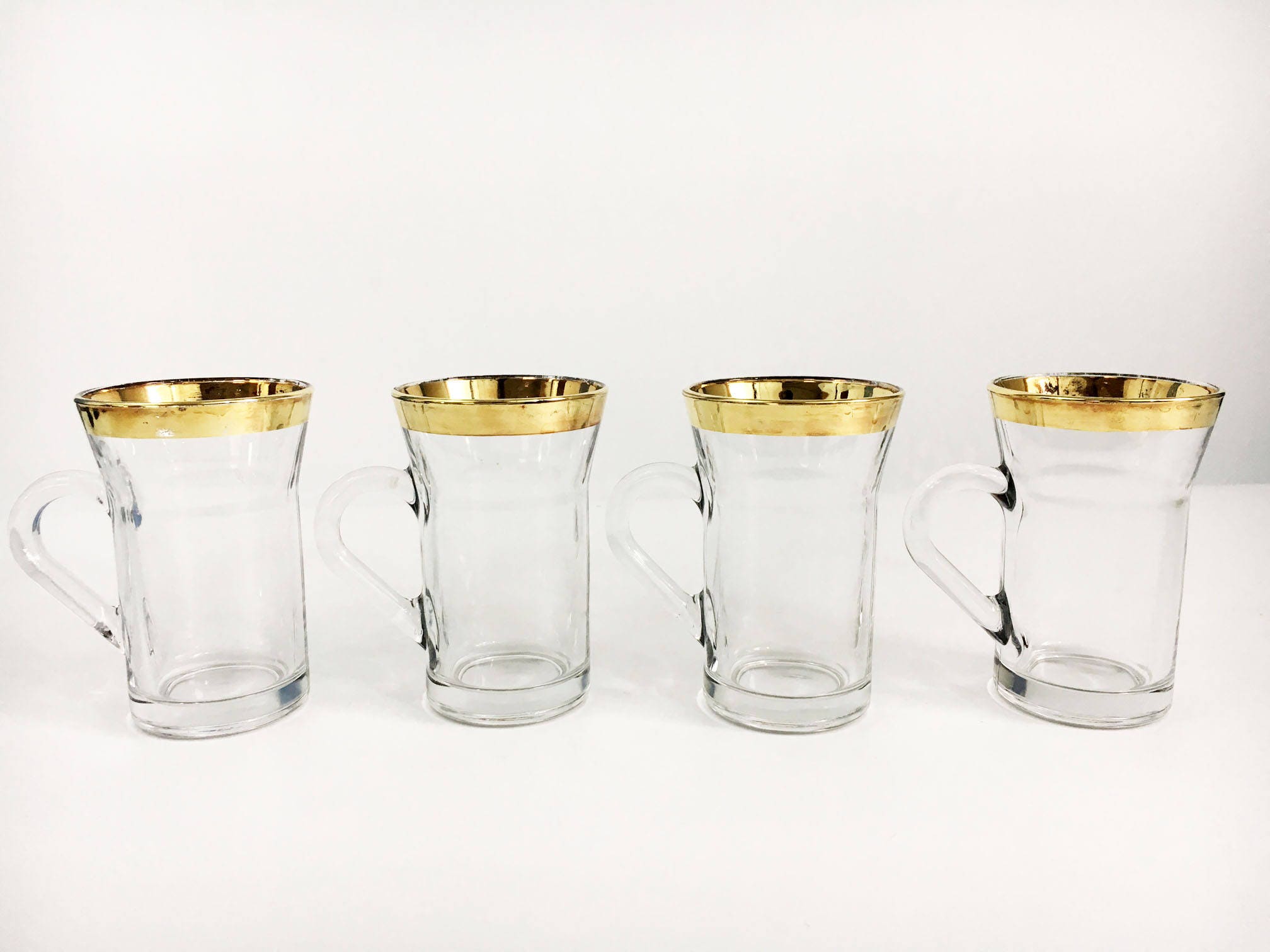 Set of 4 Clear Glass Gold Rim Coffee Mugs / Glasses Made in Italy Gold Rimmed Irish Coffee