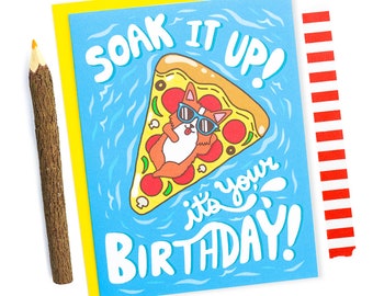 Pizza Birthday Card, Corgi Card, Funny Birthday Card, Pool Party, Summer, Corgi Art, Corgi Lover Gift, Pizza Lover, Floats, Card For Her