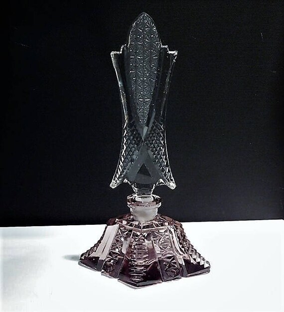 Czech Perfume Bottle Art Deco 1920s 1930s Cut Amethyst Crystal Glass Czechoslovakia Antique Vintage Vanity Cologne Bohemian Old Hollywood
