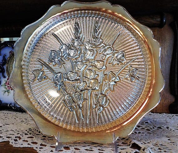 Vintage Iridescent Iris and Herringbone Platter Plate Serving 1950s Mid Century Country Cottage Farmhouse Home Decor Wedding Anniversary