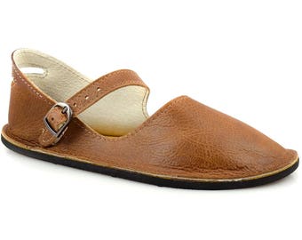 Brown Mary Jane Flats - Handmade Leather Shoes - Minimalist Shoes Made in USA - Adult Softstar "Merry Jane" Style