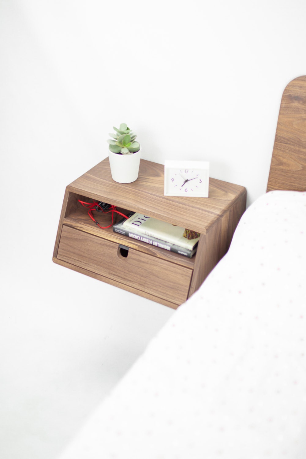 Walnut Floating nightstand bedside table drawer in solid walnut mid century modern