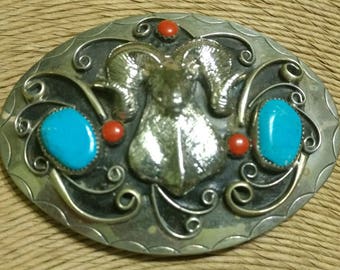 Vintage Native American Nickel Silver Turquoise Coral Ram's Head Nickel Belt Buckle