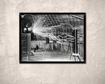 Nikola Tesla sitting in his Colorado Springs laboratory surrounded by arcs of lightning.Nikola Tesla photo, Nikola Tesla poster, art print.
