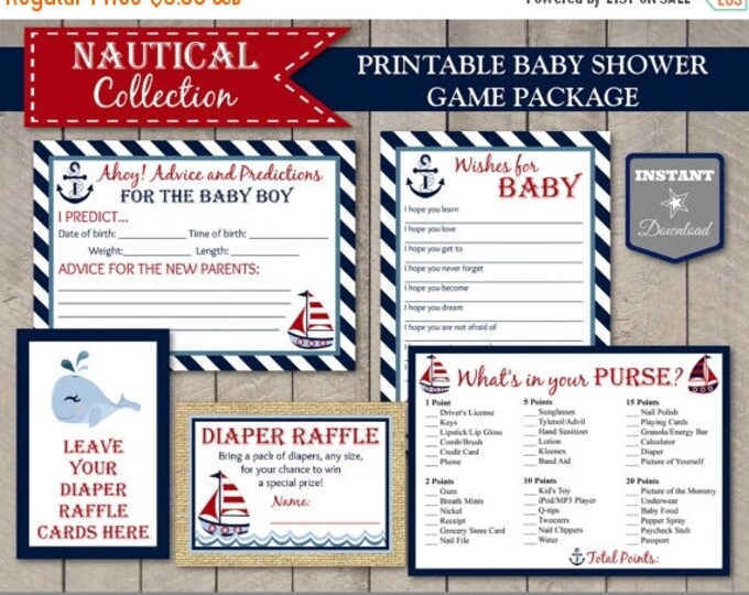 SALE INSTANT DOWNLOAD Nautical Boy Baby Shower Game Package / Printable Diy / Diaper Raffle / Wishes for Baby / Nautical Collection / Item #