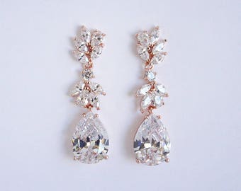 Mila - Bridal Earrings, Wedding Earrings, Teardrop Earrings, Crystal Drop Earrings, CZ Chandelier Earrings, Rose Gold Wedding Earrings