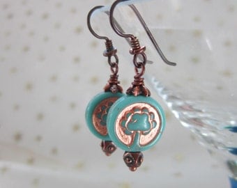 Tree of Life Czech Glass Earrings Unusual Hypoallergenic Turquoise Earrings Unique Symbolic Earrings with Niobium Ear Wires Cool Earrings