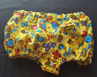 12 Months Baby Boy or Girl Diaper Cover in Yellow Fabric with Colorful Bugs
