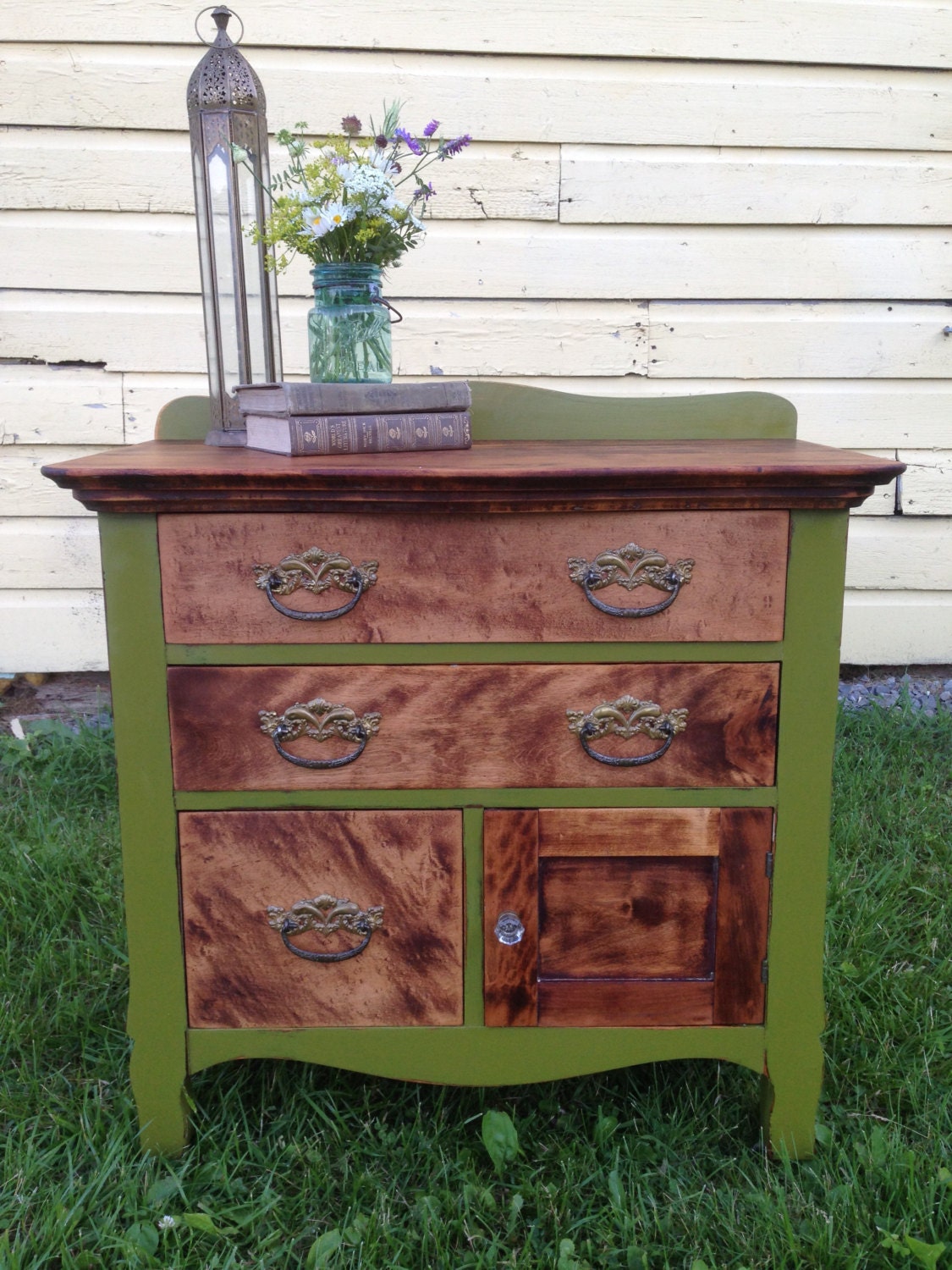 Olive green chalkpainted and natural wood sideboard with