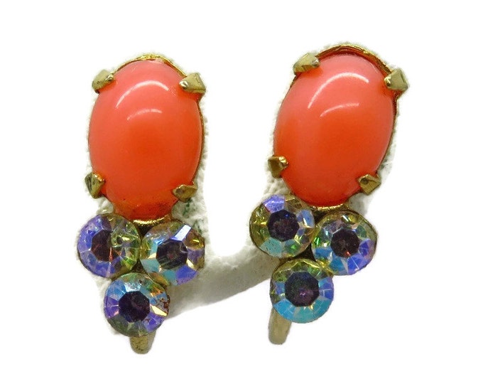Faux Coral and AB Rhinestone Earrings, Vintage Orange Bead Rhinestone Screwback Earrings