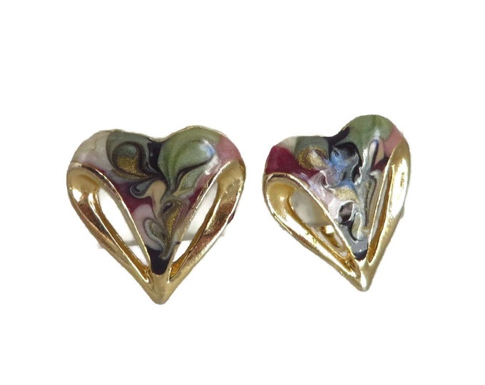 Vintage Cloisonne Heart Earrings, Gold Tone Clip-on Earrings