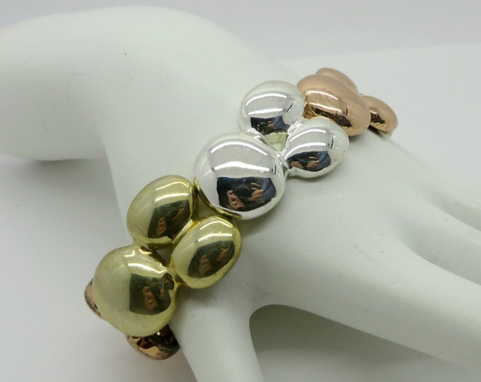 Vintage Triple Tone Bracelet, Metal Stretch Bracelet, Chunky Goldtone, Silvertone, Coppertone Bangle