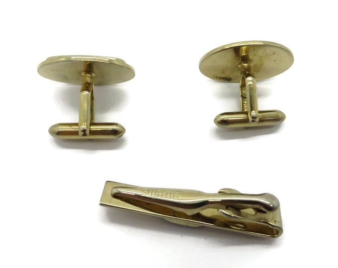 Swank Cufflinks Set, Vintage Onyx Cufflinks Tie Clip, Gold Tone Cufflink Set, Men's Suit Accessory, Gift for Him