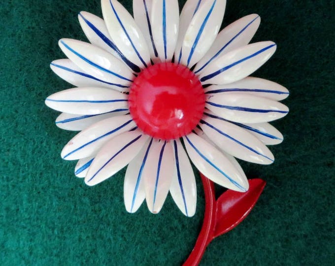 Vintage Red White Blue Enamel Daisy Pin, 1960s Flower Brooch Retro Flower Spring Summer Jewelry