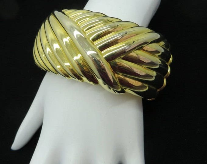 Vintage Chunky Swirl Bangle - Gold Tone Hinged Cuff Wide Bangle Bracelet Gift for Her