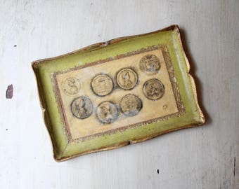 Gorgeous Florentia Tray with Roman Coins, Florentine, Gesso over Wood, Scallopped, Baroque, Vanity Tray, Chateau Chic, Wall Hanging,