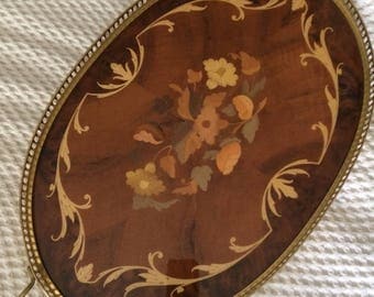 Wood Inlay Tray, Brass, Oval, with Handles