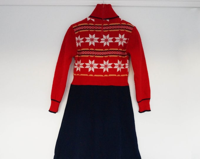 Norwegian Sweater Dress, Girls Snowflake Knitted Dress Red & Blue Jumper Dress Girls Christmas Dress Age 5 Vintage 80s Tunic Dress Fair Isle