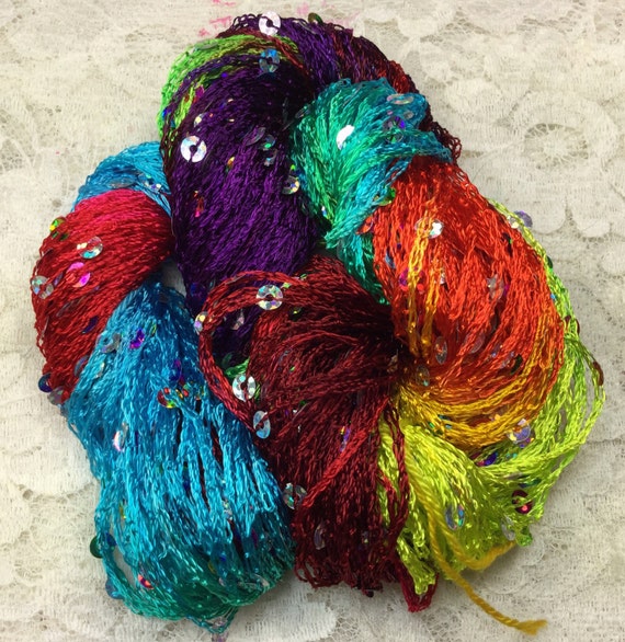 Hand dyed sequins 75 yds rainbow scarf knitting yarn trim