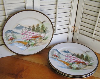 Set of 4 Vintage Hayasi Kutani Dinner Plates With Cherry Blossom Trees and Mt Fuji 60s Made in Japan