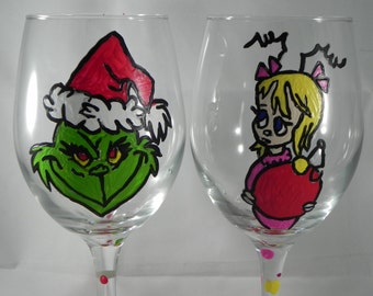 Grinch and Cindy Lou Who Inspired Hand Painted Wine Glass Set