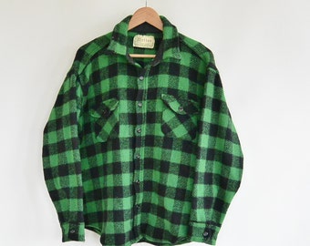 Melton Outer-Wear Buffalo Plaid Heavy Wool Shirt/Jacket Green Black Check 1960's Era Size Large