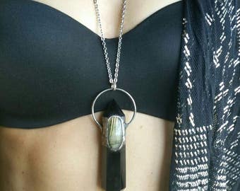 Atlantis dreaming: Polished Obsidian and labradorite power pendant necklace- bohemian gypsy tribal fusion