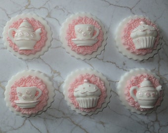6 pink & white Vintage Shabby Chic tea party tea pot cup bun edible cupcake toppers cake decorations