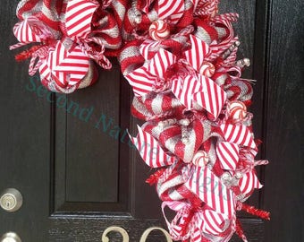 Deco Mesh Candy Cane Shaped Christmas Wreath - Candy Cane Christmas Wreath