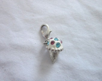 Vintage Artist Hallmarked Sterling Silver Enameled and Multi Rhinestone Ice Cream Cone Charm