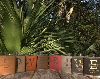 6 Groomsmen Leather Flask Set for Weddings, Groomsmen Gifts Flask, Groomsman Gifts, Personalized Wedding Flasks