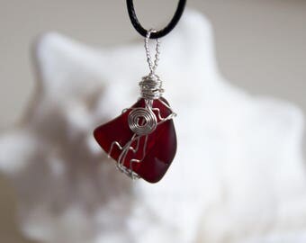 Crimson Sea Glass Wire Wrapped Pendant