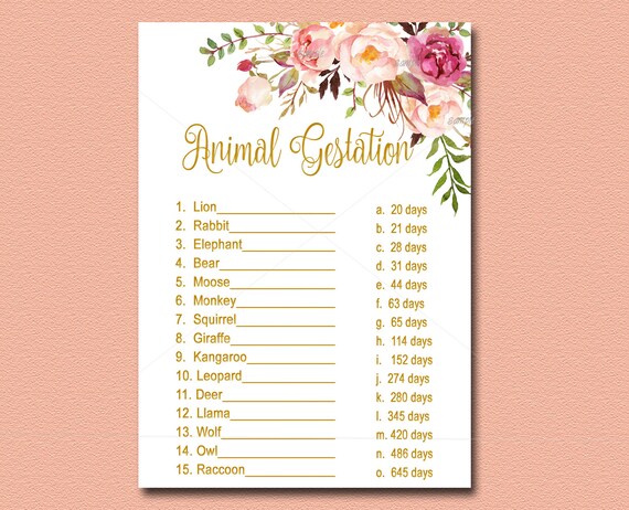 Animal Gestation Floral Baby Shower game DIY Printable