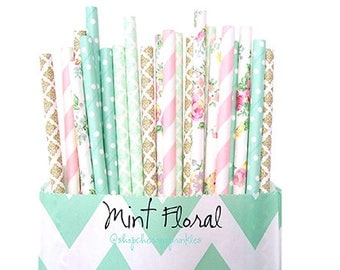 Mint Floral paper straws -Gold wedding decor, Pink and Mint - Pink flower straws, Rustic Wedding, Tea Party, Vintage Floral party Straws