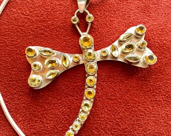 Citrine Sterling Dragonfly Pendant Paired with an 18" 925 Silver Snake Chain Large Vintage Golden Natural Gemstones Dragonfly 925 Necklace