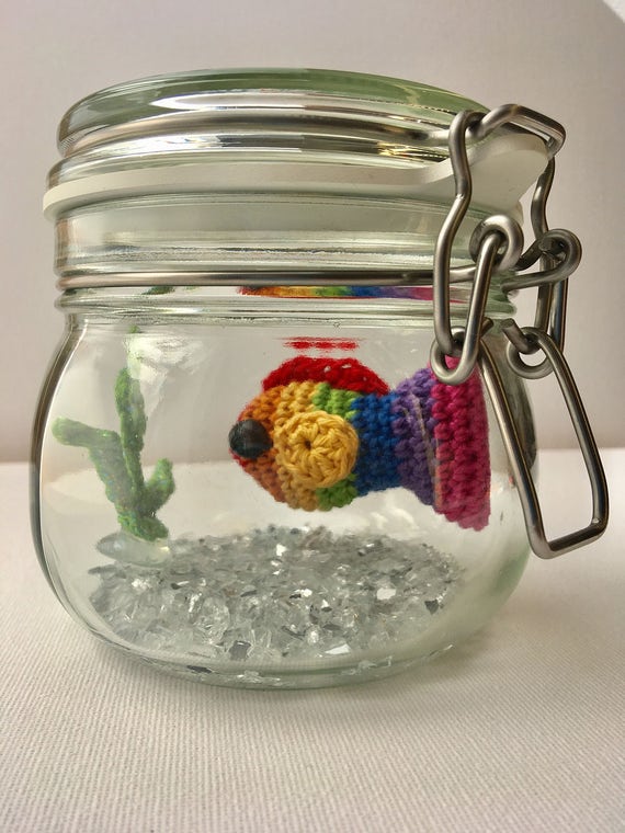 No Fuss Rainbow Fish amigurumi crochet goldfish in a glass