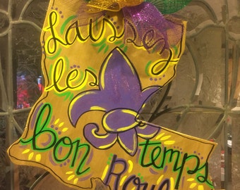 Wooden Louisiana Mardi Gras door hanger