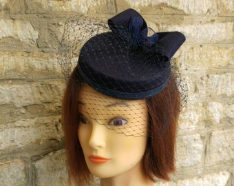 Blue Pillbox hat with veil navy blue wool felt cocktail hat with fascinator veil navy blue races hat blue 1940s hat formal wedding hat
