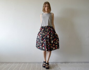 vintage floral on black full midi skirt with elastic waist xs small medium large