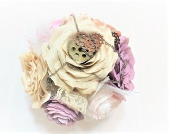 Steampunk bouquet, Paper flower bouquet, Alternative vintage themed bouquet, Cogs gears and lace bridal bouquet, Dusty Rose bouquet