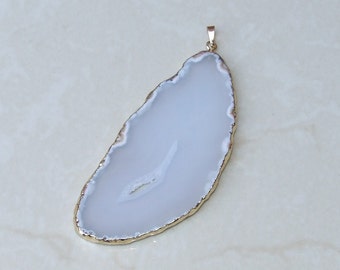 Agate Slice Pendant - Druzy Pendant - Natural Agate Slab Pendant - Geode Pendant - Gold Plated Edge and Bail - 42mm x 95mm - 1947