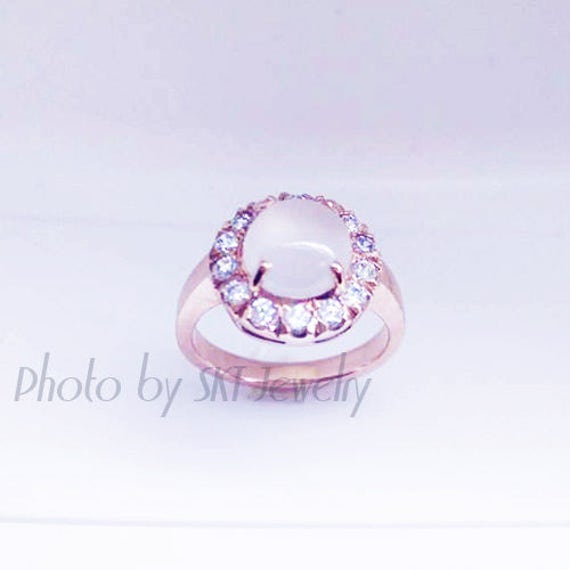 Summer Love Collection Handmade 92.5% Silver Ring W/ Genuine Moonstone and CZ diamonds, Pink Gold Plated. Size 11/51/US5.5