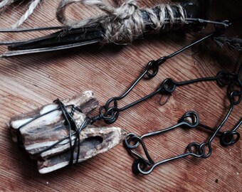 Boars tooth bone jewelry necklace on black copper chain // industrial style // steam punk // witchy // gothic // pagan