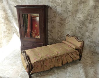 Antique French Doll's Bed & Wardrobe - Toy Furniture - French Dolls Bed - French Toy Armoire - Miniature Furniture - Meuble de Maitrise