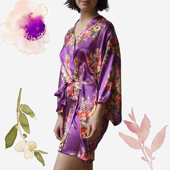 Purple Robe Satin Floral Bridesmaid Robes Bride Satin Robe