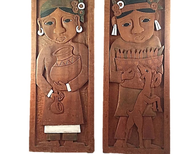 Vintage Hand Carved Wooden Folk Art Wall hanging | Wood Art | Pair Farmer and Wife | Carved Wood Wall Art