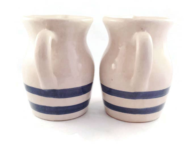 Two VINTAGE Clay Pitchers | Jugs | Crocks Cream with Blue Stripes | Farmhouse Decor | Rustic