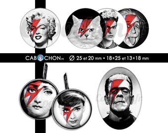 Stardust 60 Images Digitales RONDES 25 et 20 mm OVALES 18x25 13x18 mm ziggy bowie marilyn monroe chat joconde cabochon bijoux frida kahlo