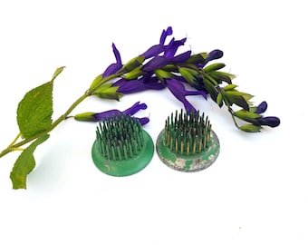 Two Small Vintage Flower Frogs, Pair of Tiny Spiked Floral Frogs, Business Card Holders, Bouquet Anchors, Ideal Flower Holders